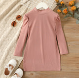 Ribbed Long-sleeve Dress - Pink