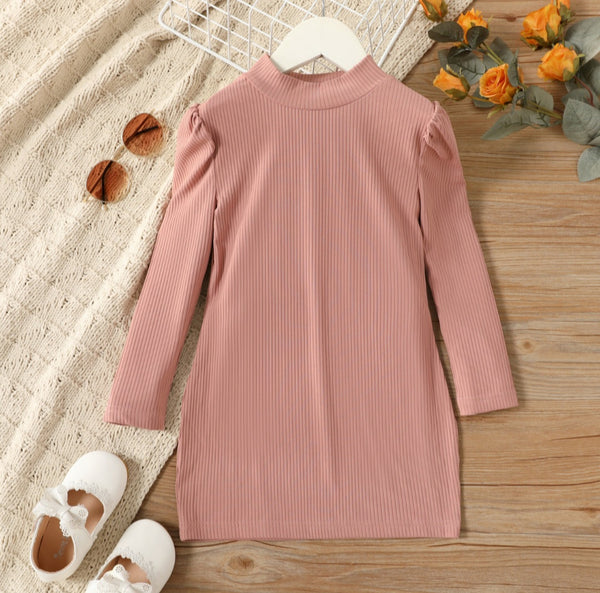 Ribbed Long-sleeve Dress - Pink