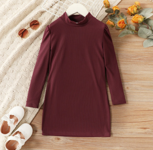 Ribbed Long-sleeve Dress - Burgundy