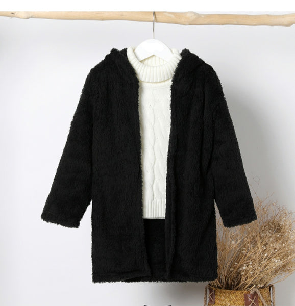 Fuzzy Hooded Cardigan - Black