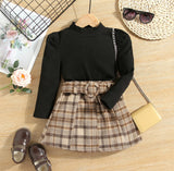 Mock Neck Puff-sleeve top and Belted Plaid Skirt Set