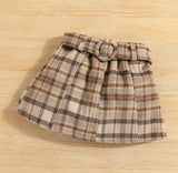 Mock Neck Puff-sleeve top and Belted Plaid Skirt Set